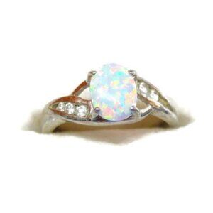 sz 6 Opal Women Ring Sterling Silver 925 Simulated Cubic Zirconia Accents Vtg